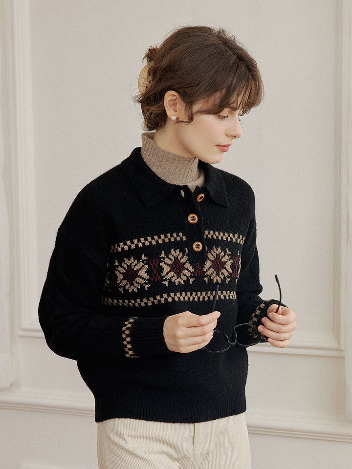 Simpleretro Norah Snowflake Jacquard Polo Knit Sweater-Black4