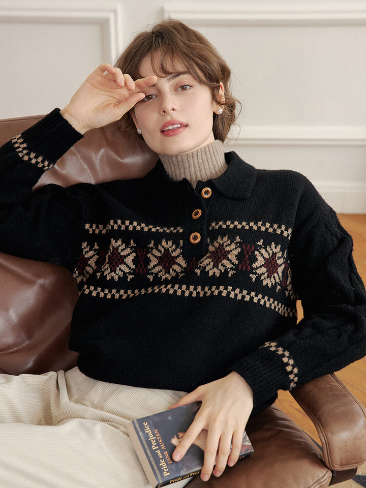 Simpleretro Norah Snowflake Jacquard Polo Knit Sweater-Black5