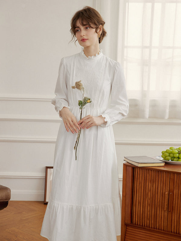Afra White Stand-up Collar Bubble Sleeve Dress