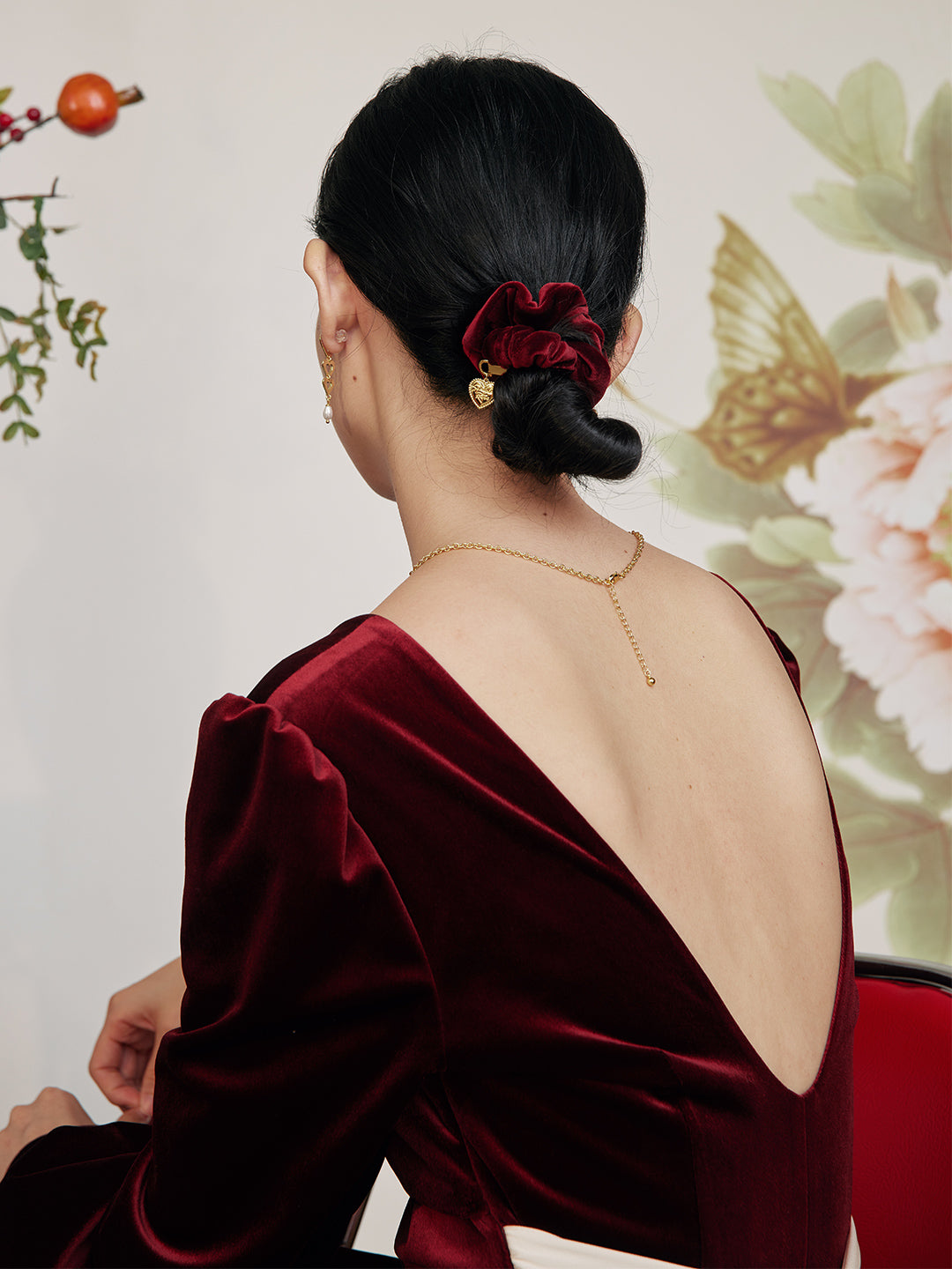 Imani Puff Sleeves Red Midi Velvet Dress/Simple Retro/11300