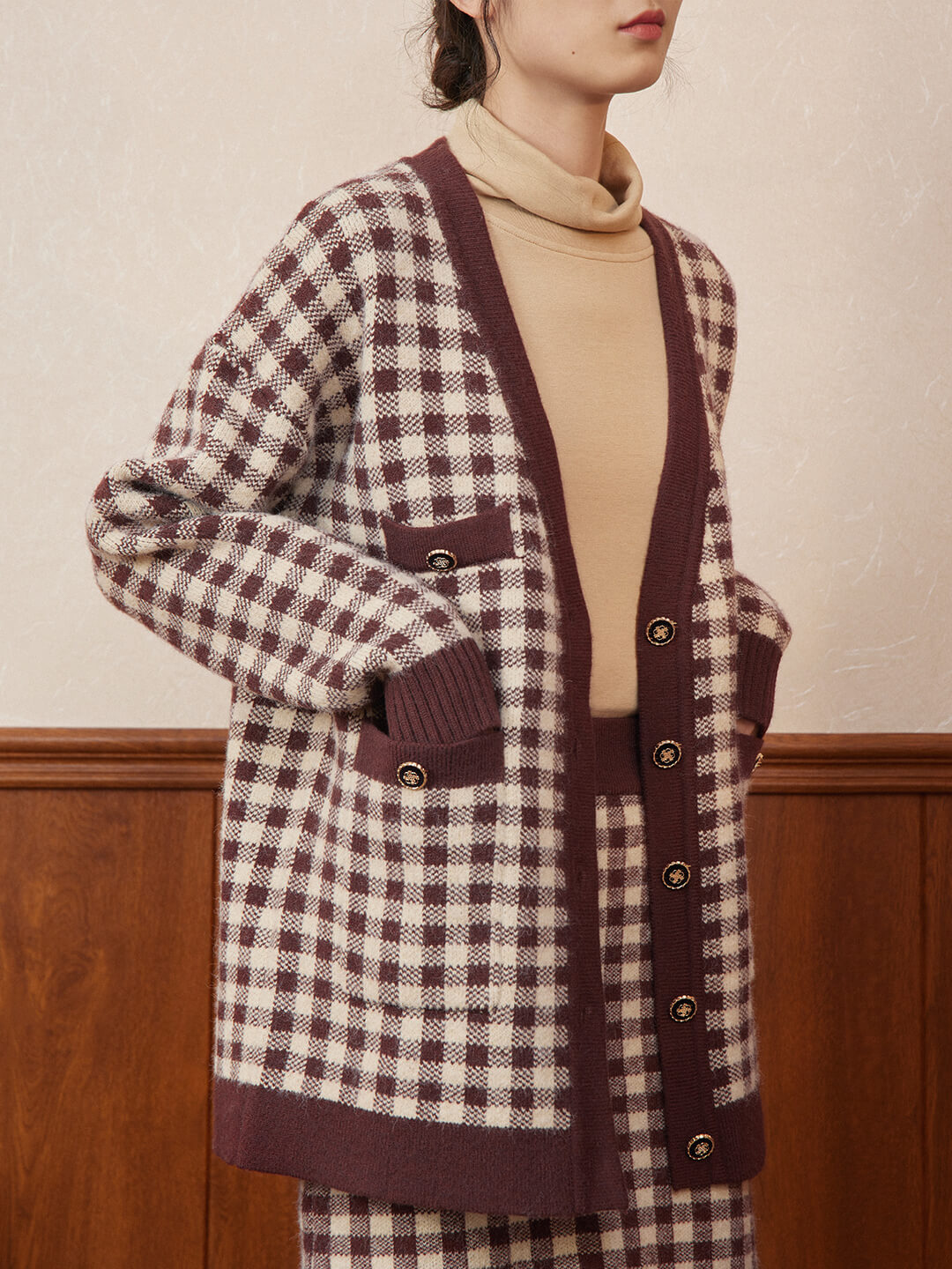 Ansley Checkerboard Knit Cardigan/Simple Retro/66014