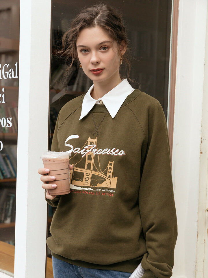 Lola Graphic Embroidery Crewneck Green Fleece Sweatshirt/Simple Retro/55152