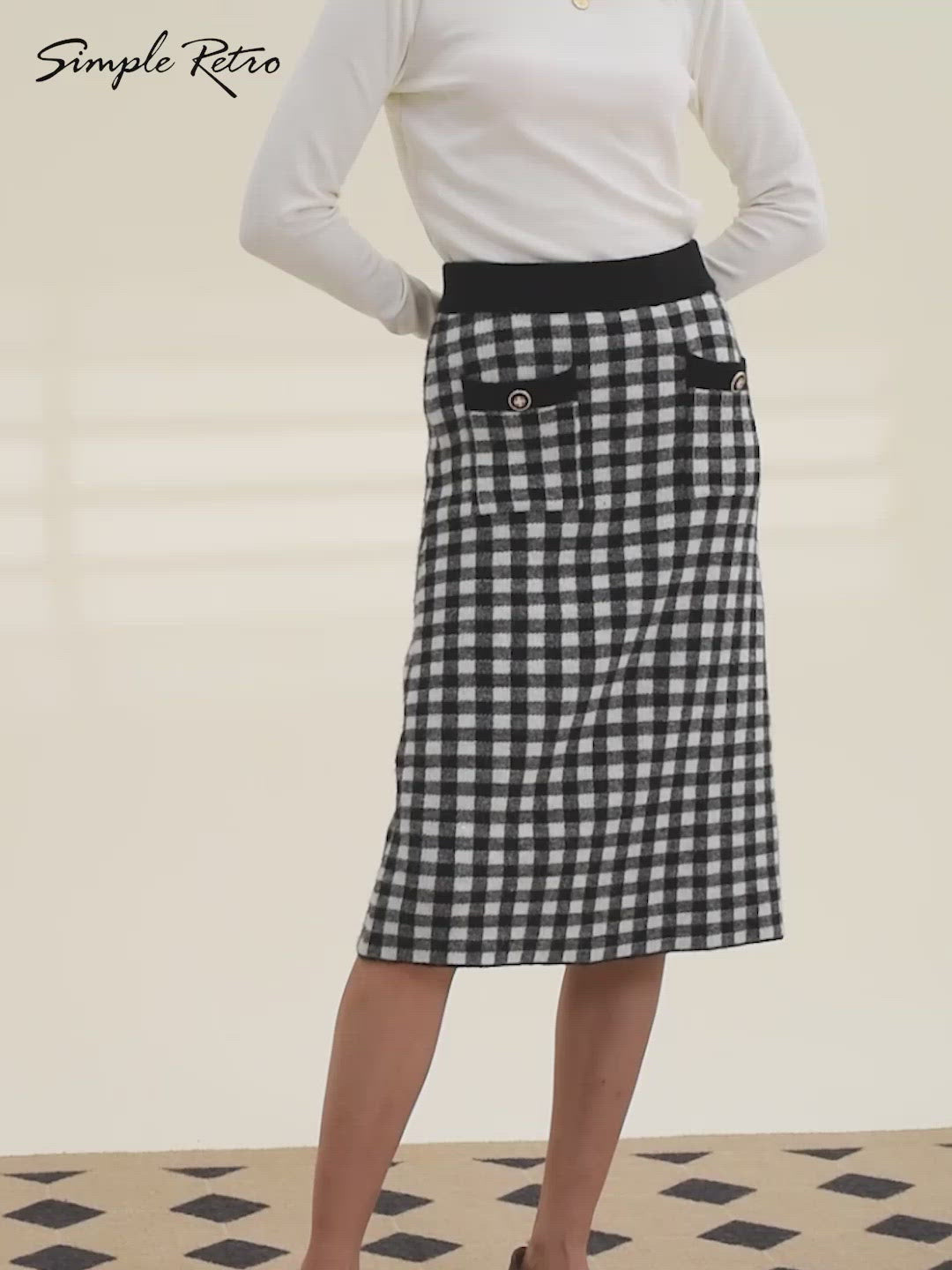 Ansley Checkerboard Black Midi Knitted Skirt/Simple Retro/66015
