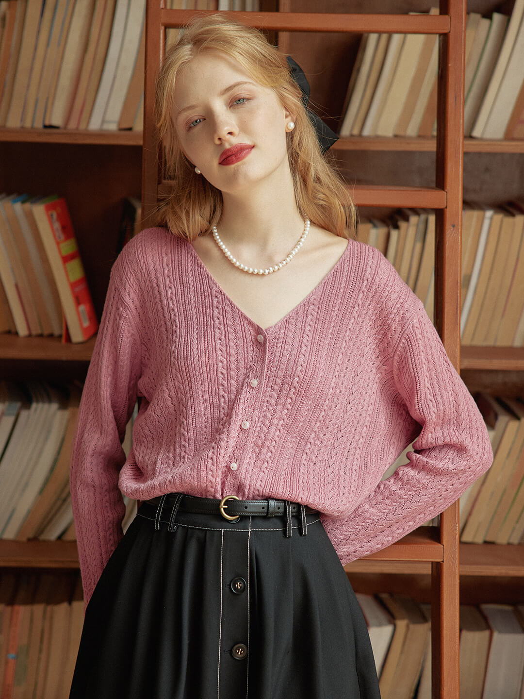 Emma Cable Pink Knit Cardigan/SIMPLERETRO