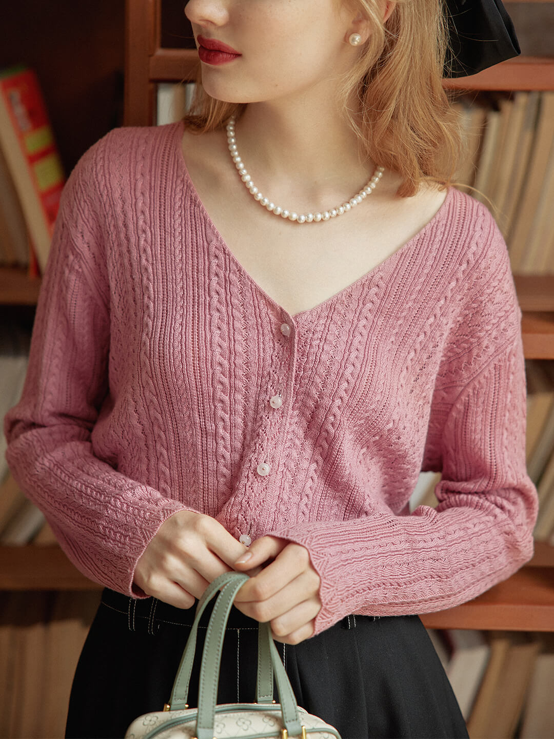 Emma Cable Pink Knit Cardigan/SIMPLERETRO