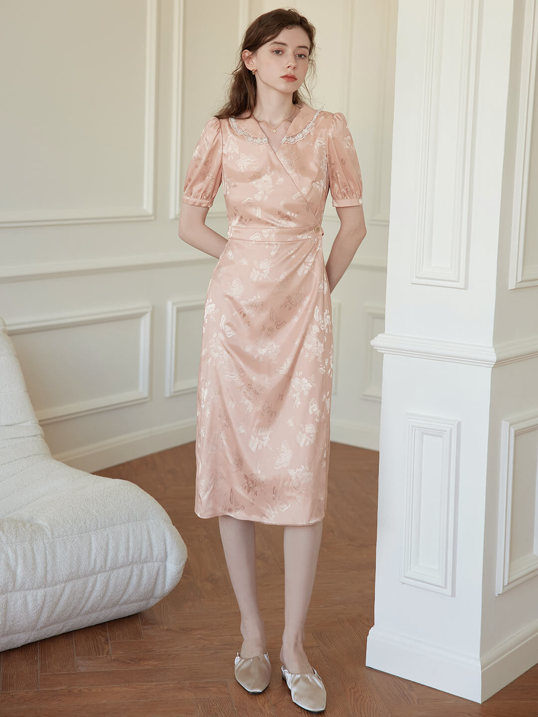 Rose Floral Printed Pink Satin Tea Dress/Simple Retro/11311