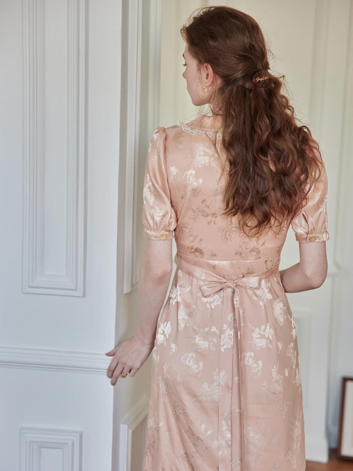 Rose Floral Printed Pink Satin Tea Dress/Simple Retro/11311