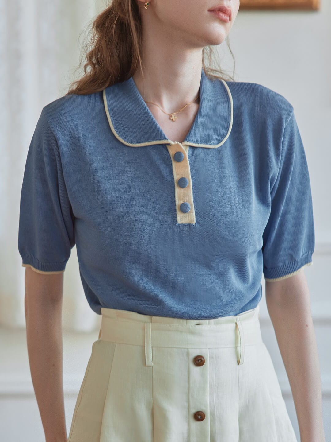 Alyssa Half Sleeve Knitted Polo Shirt/Simple Retro/11538