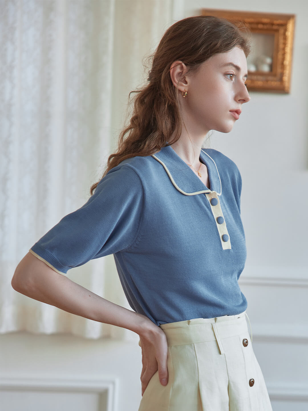 Alyssa Half Sleeve Knitted Polo Shirt/Simple Retro/11538