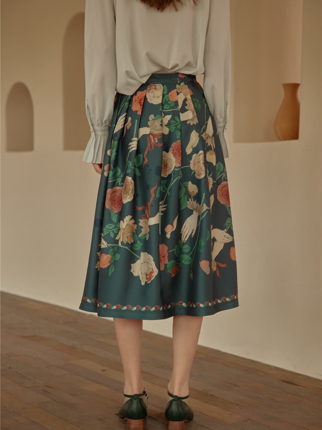 Amira Floral-Print Pleated Skirt/Simple Retro/11196