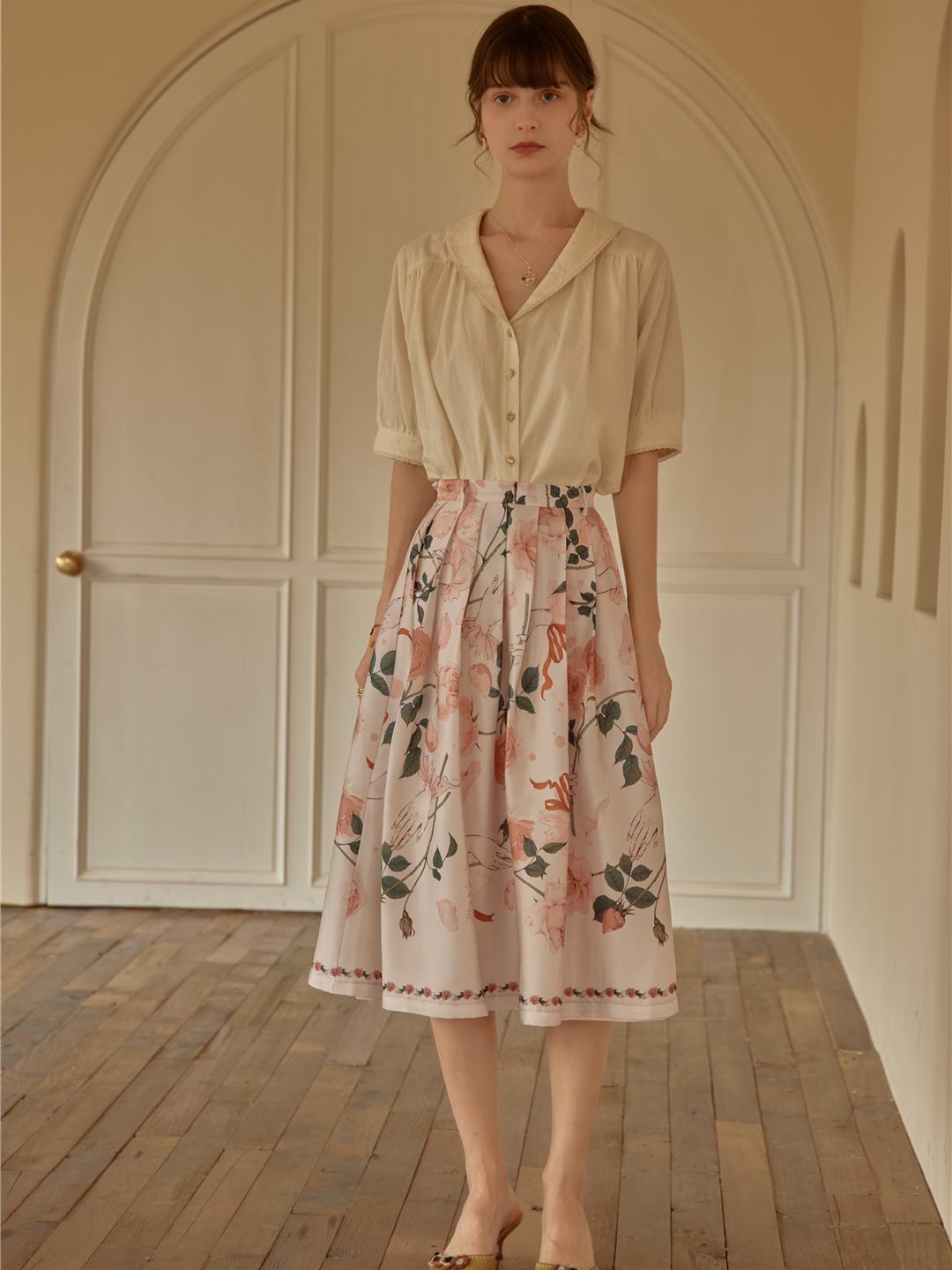 Amira Floral-Print Pleated Skirt/Simple Retro/11196