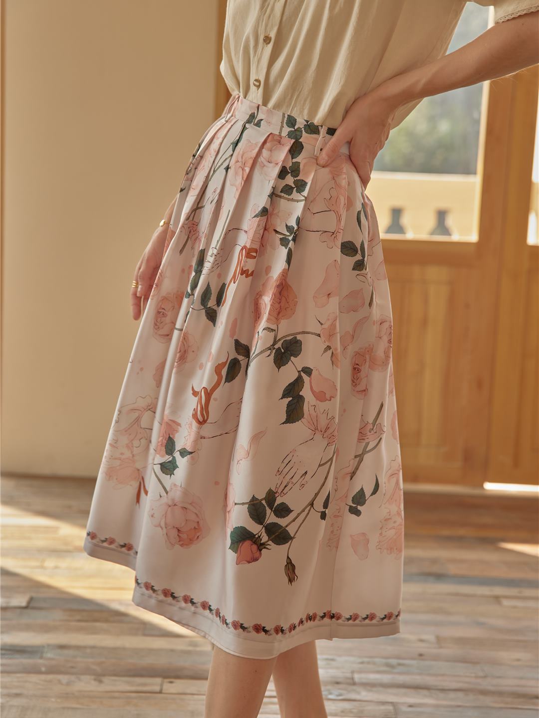 Amira Floral-Print Pleated Skirt/Simple Retro/11196