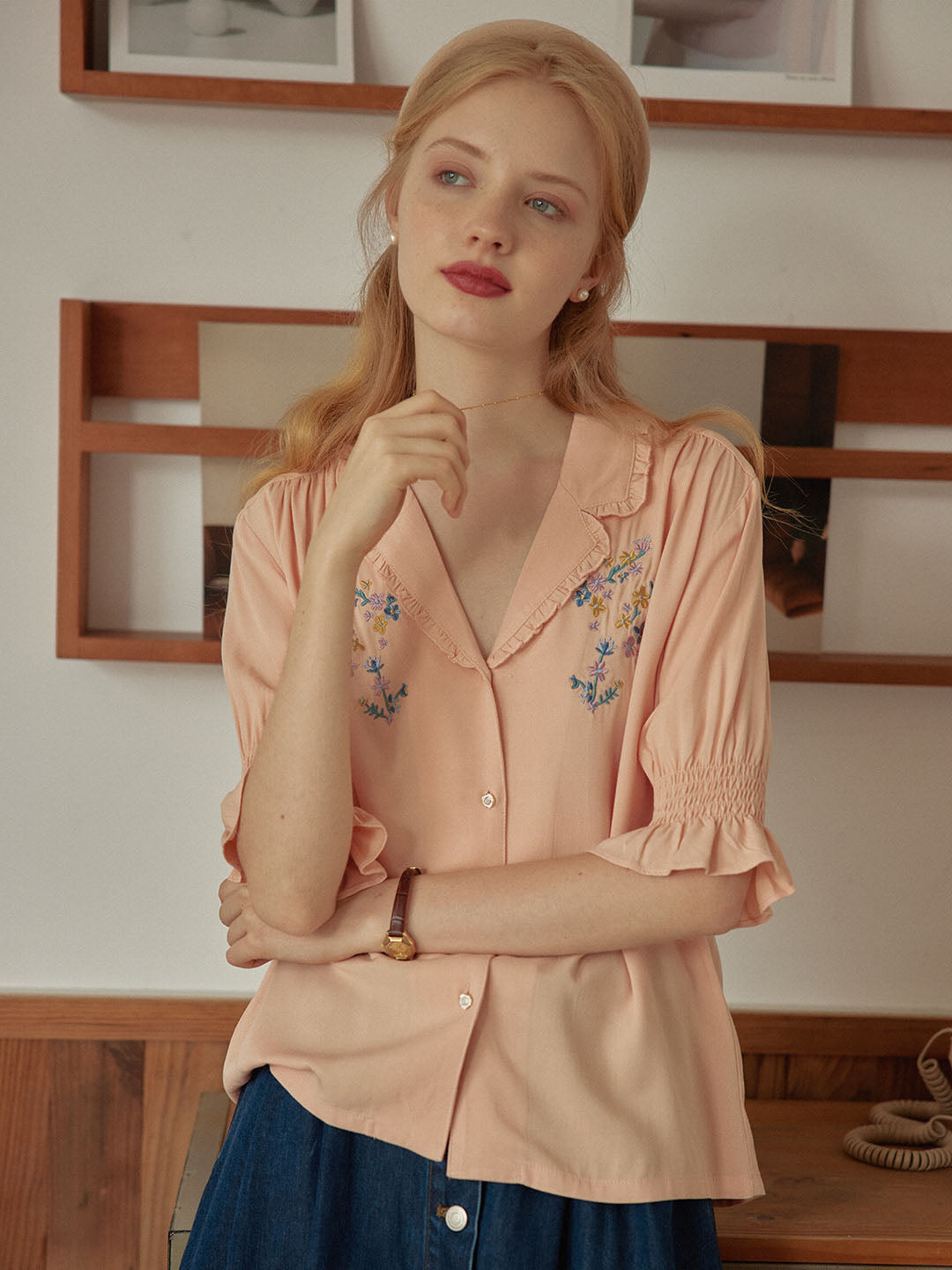 Alicia Floral Embroidery V-Neck Orange Blouse/SIMPLERETRO