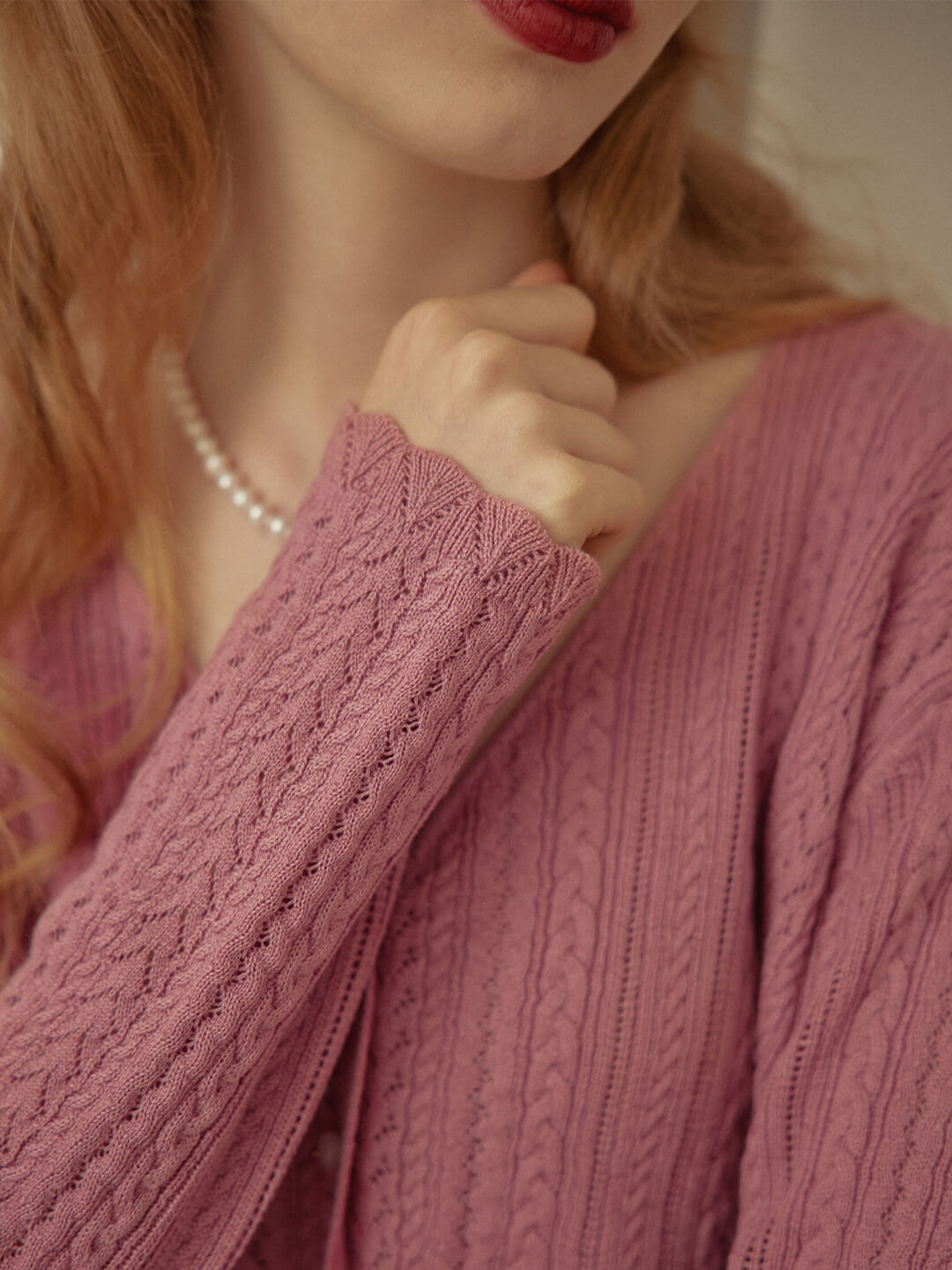 Emma Cable Pink Knit Cardigan/SIMPLERETRO