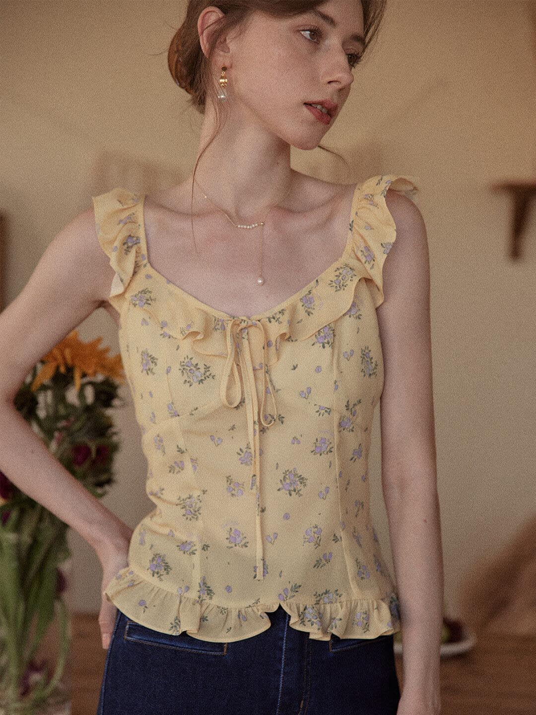 Carolyn Yellow Floral Tank Top/Simple Retro/11314