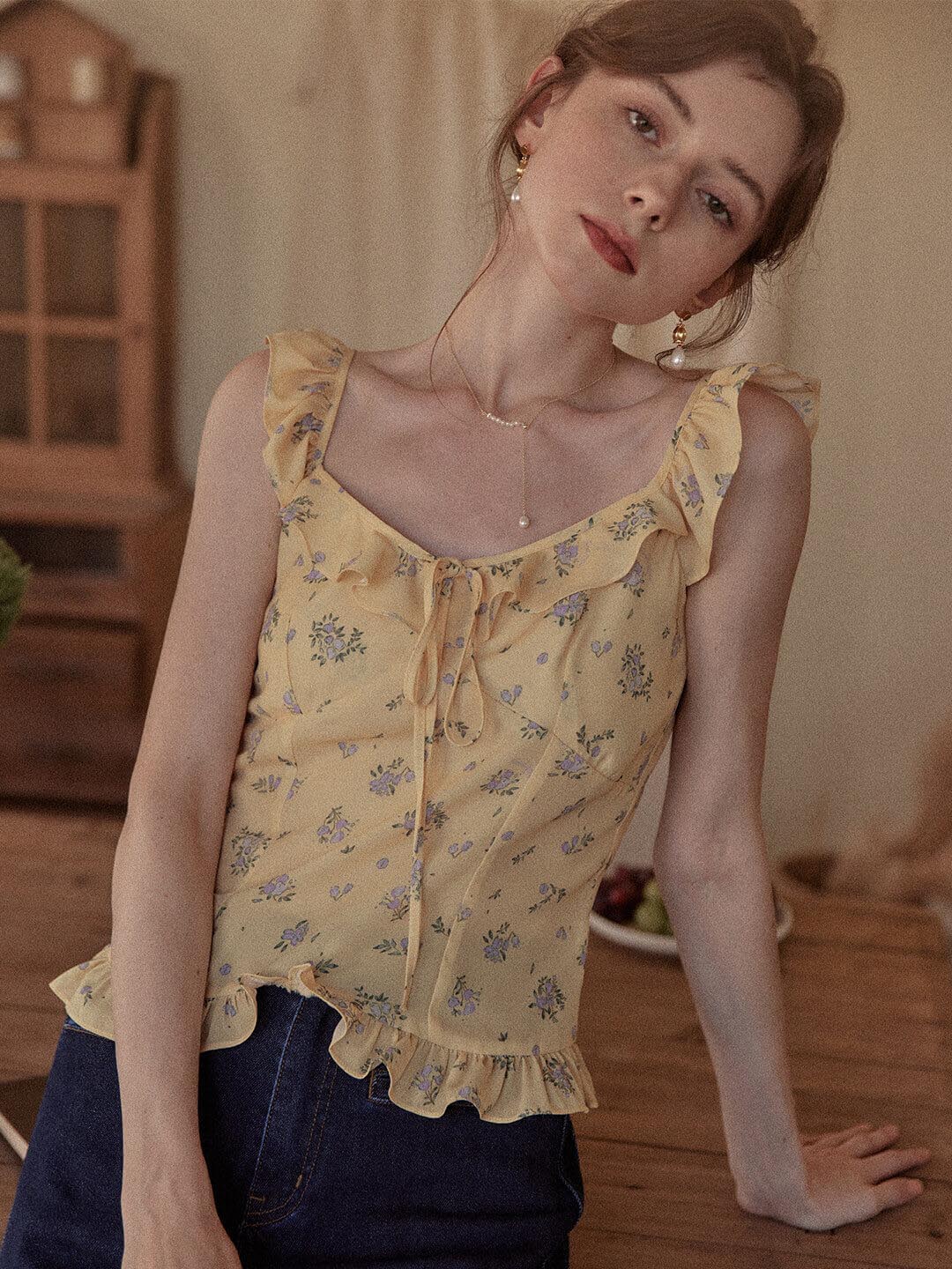 Carolyn Yellow Floral Tank Top/Simple Retro/11314