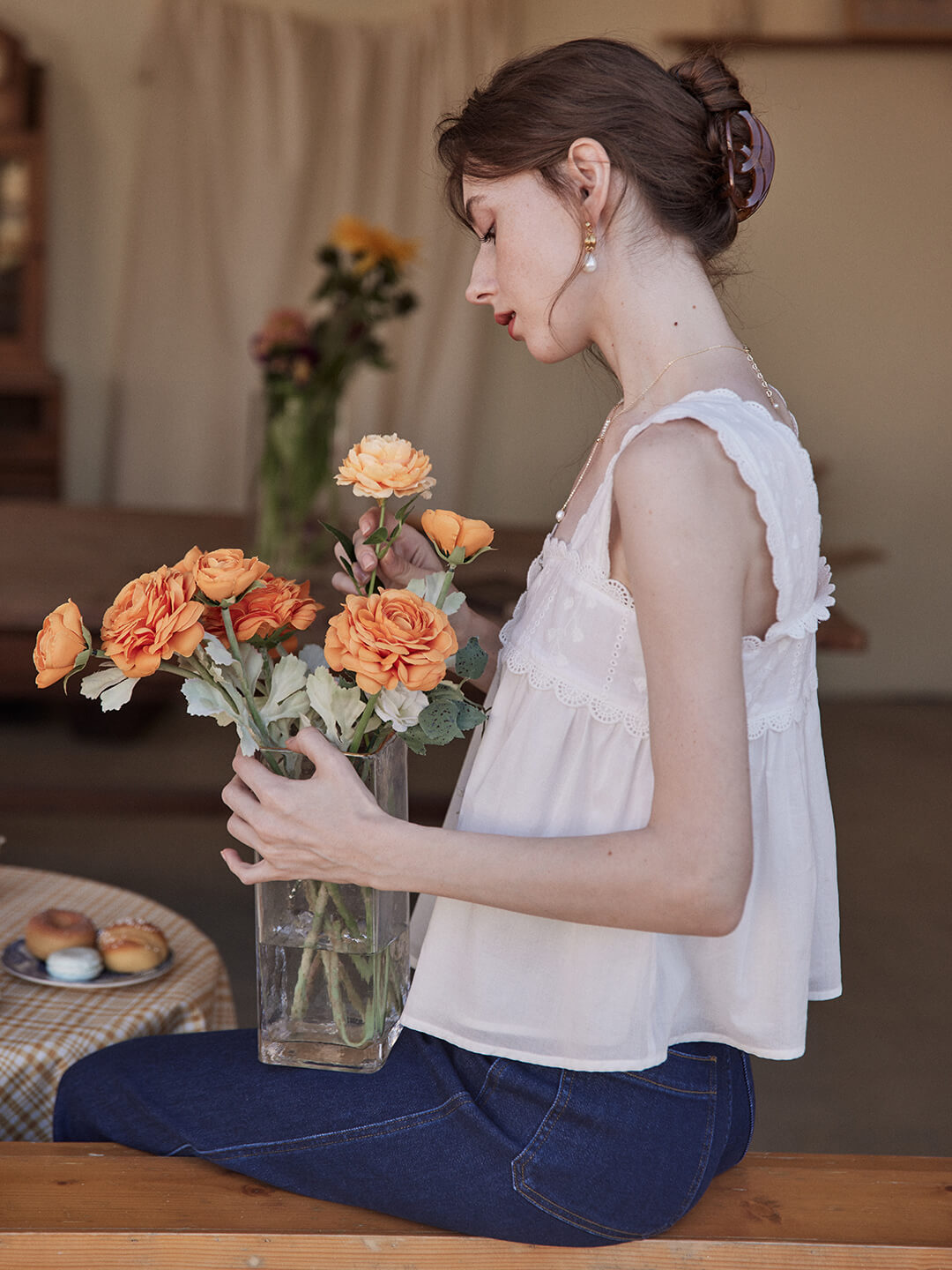 Emerie Flora Embroideried White Tank Top/Simple Retro/ 66045