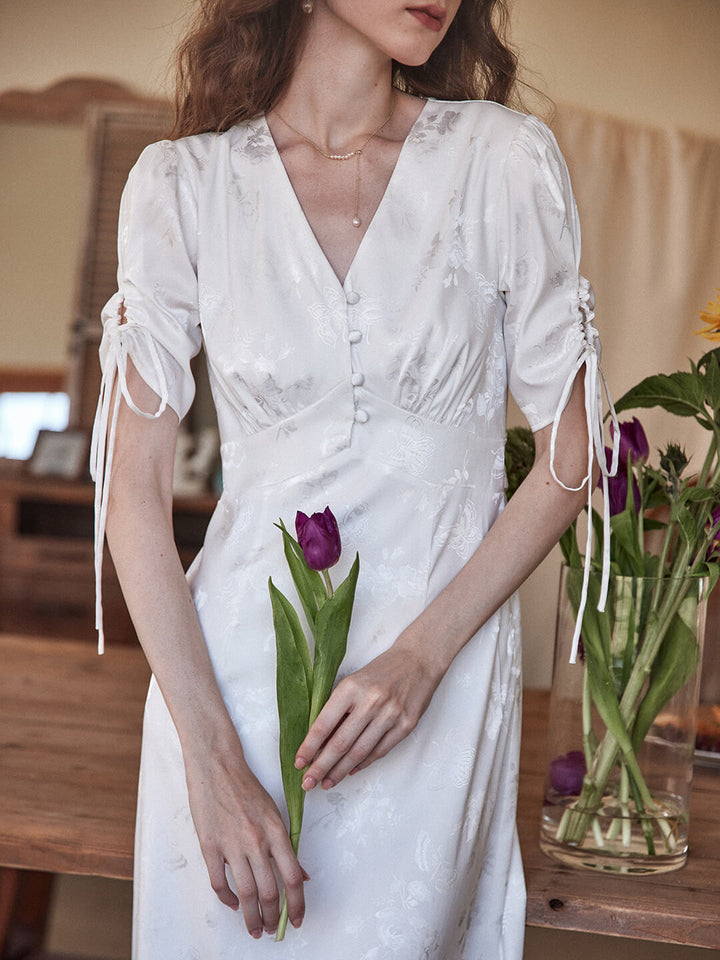 Kora Retro Floral Jacquard White Tea Length Dress/Simple Retro/77033