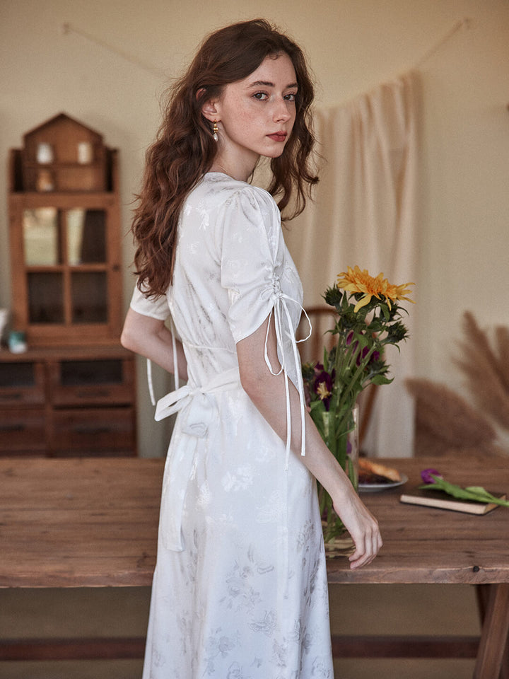 Kora Retro Floral Jacquard White Tea Length Dress/Simple Retro/77033