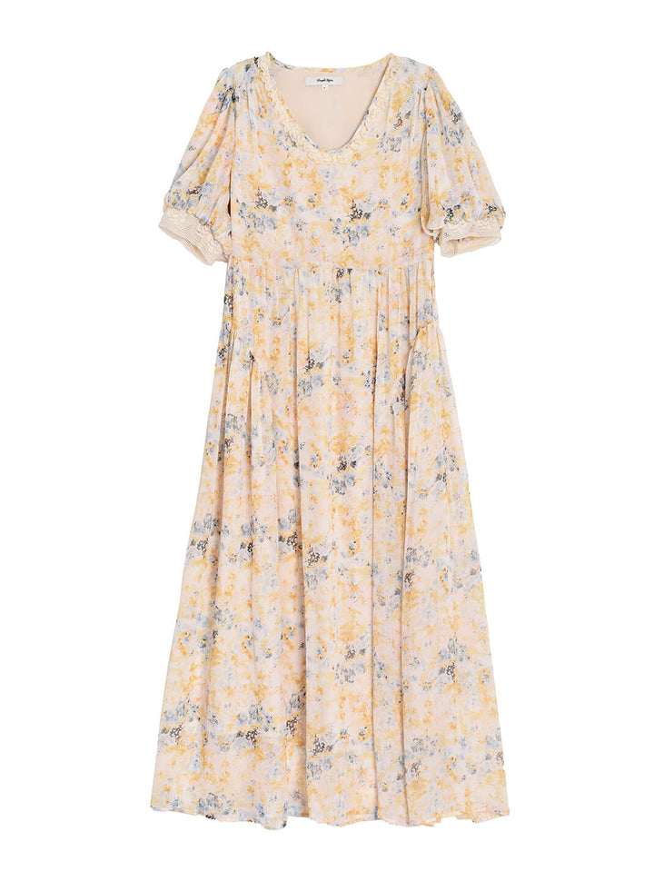 Lily Floral Printed Light Yellow Puff Sleeve Dress/Simple Retro/11330
