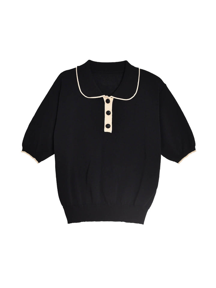 Alyssa Half Sleeve Knitted Black Polo Shirt/Simple Retro/11538