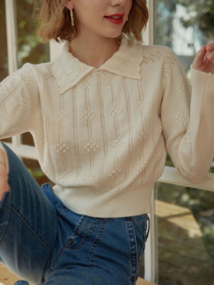 Jasmine Cable Polo White Knit Sweater/simpleretro