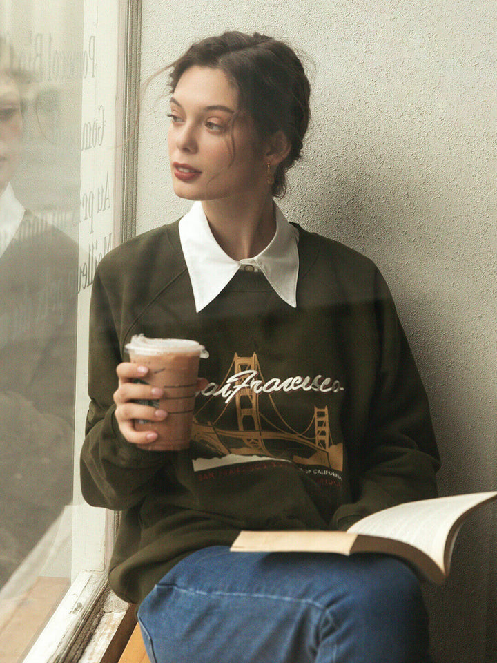 Lola Graphic Embroidery Crewneck Green Fleece Sweatshirt/Simple Retro/55152