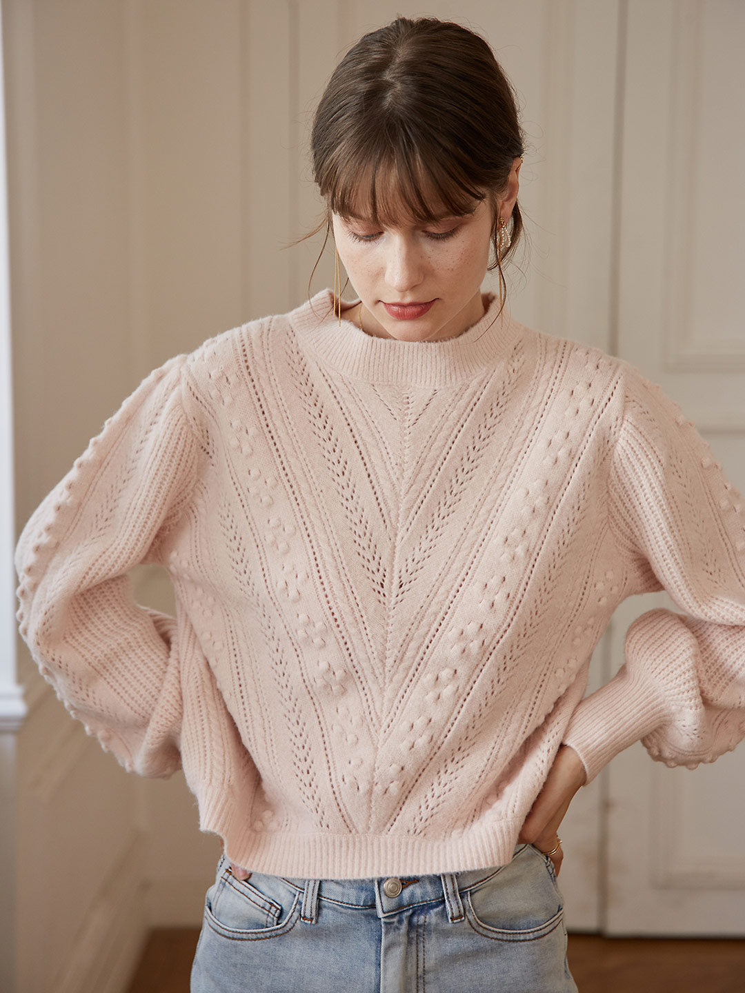 Aimee Cable Chunky Puff Sleeved Creamy Pink Knit Sweater 2026