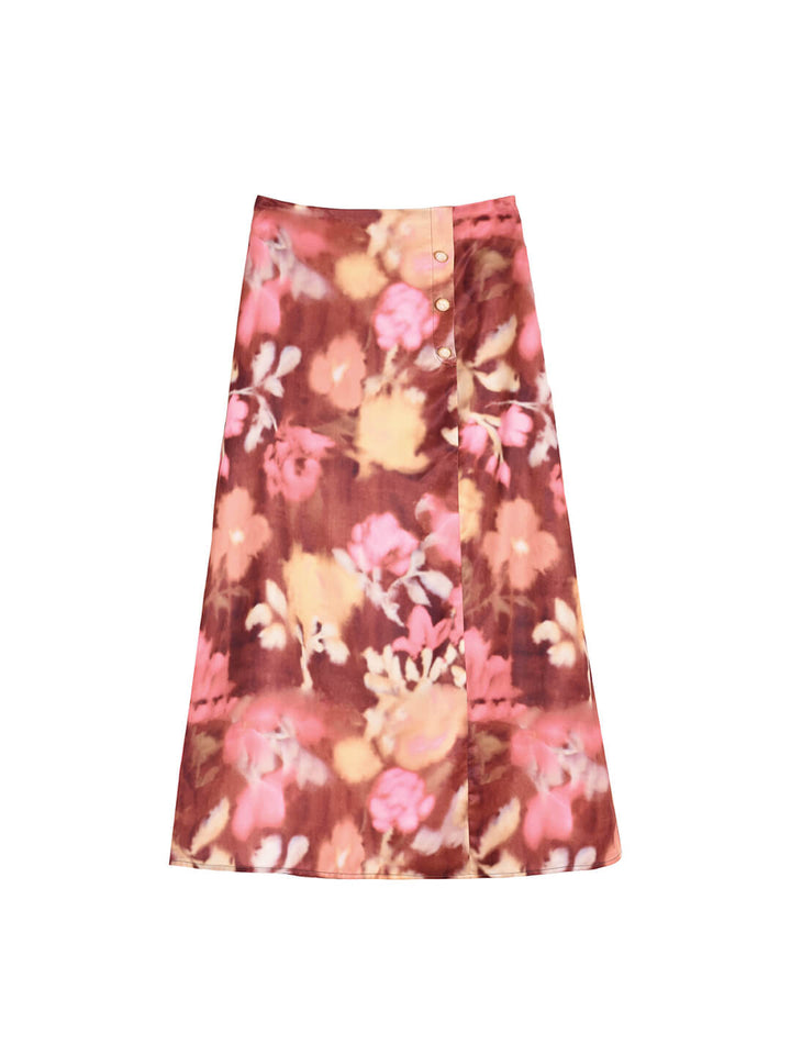Aisha Satin Vintage Printed Midi Skirt/Simple Retro/77013