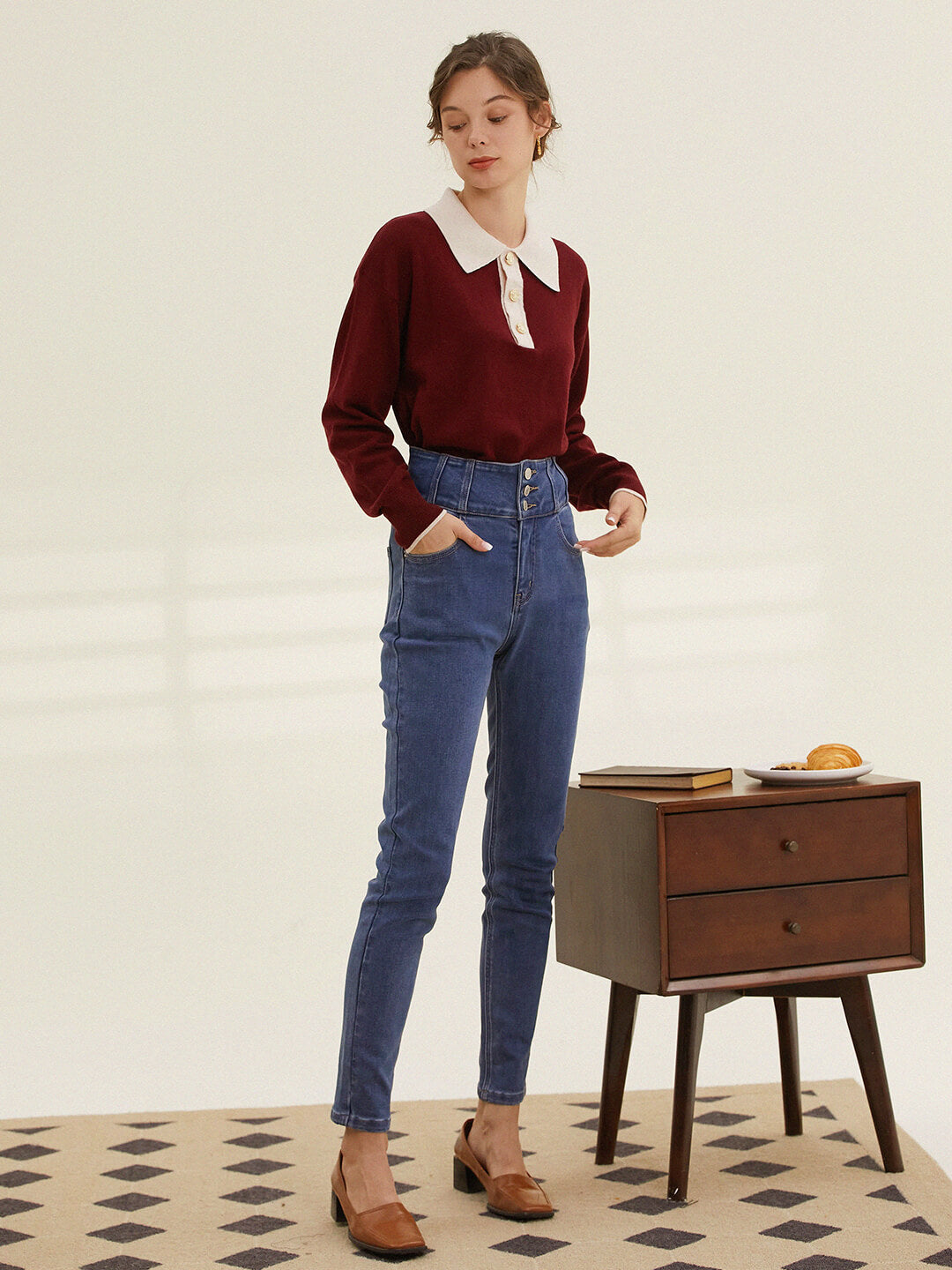 Selena Polo Contrast Collar 100% Wool Wine Red Knit Sweater/Simple Retro/11519