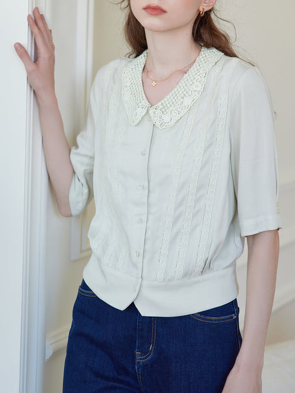 Evie Openwork Embroidered Collar Green Blouse/Simple Retro/66051