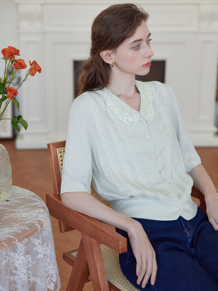 Evie Openwork Embroidered Collar Green Blouse/Simple Retro/66051