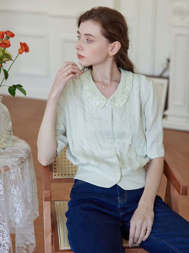 Evie Openwork Embroidered Collar Green Blouse/Simple Retro/66051