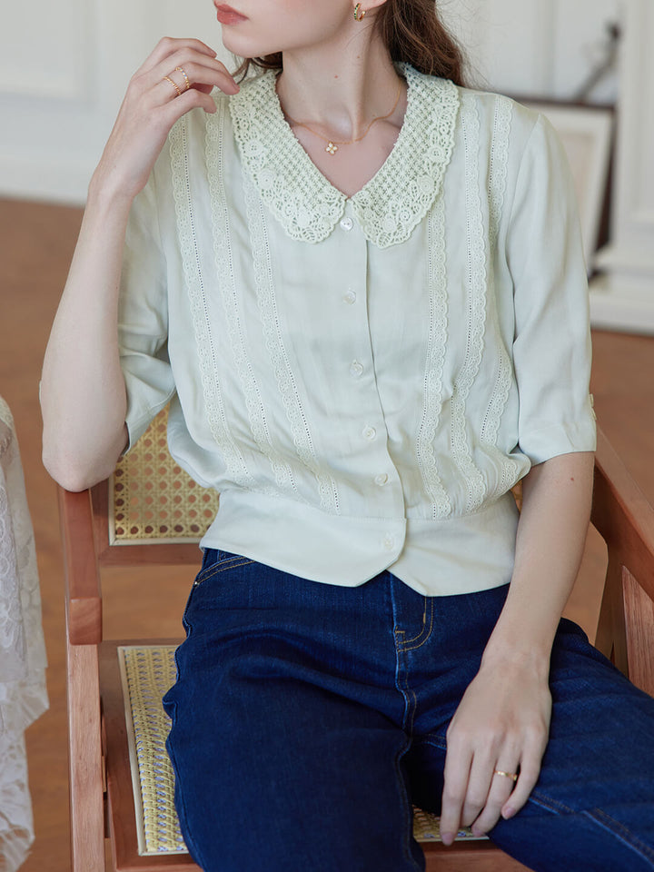 Evie Openwork Embroidered Collar Green Blouse/Simple Retro/66051