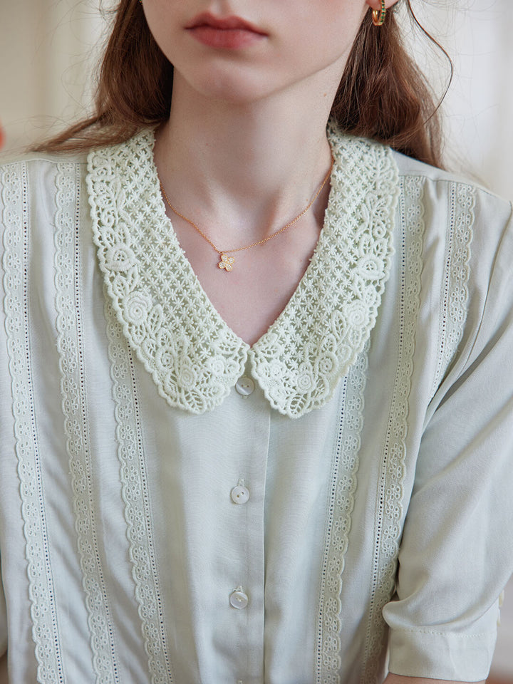 Evie Openwork Embroidered Collar Green Blouse/Simple Retro/66051