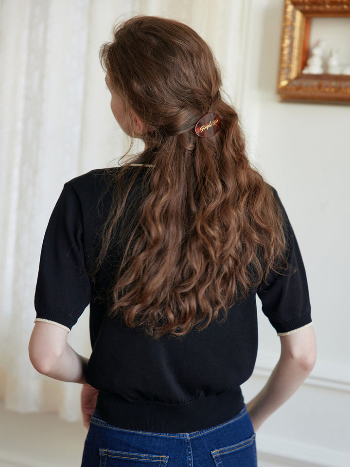Alyssa Half Sleeve Knitted Black Polo Shirt/Simple Retro/11538