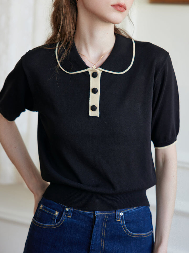 Alyssa Half Sleeve Knitted Black Polo Shirt/Simple Retro/11538