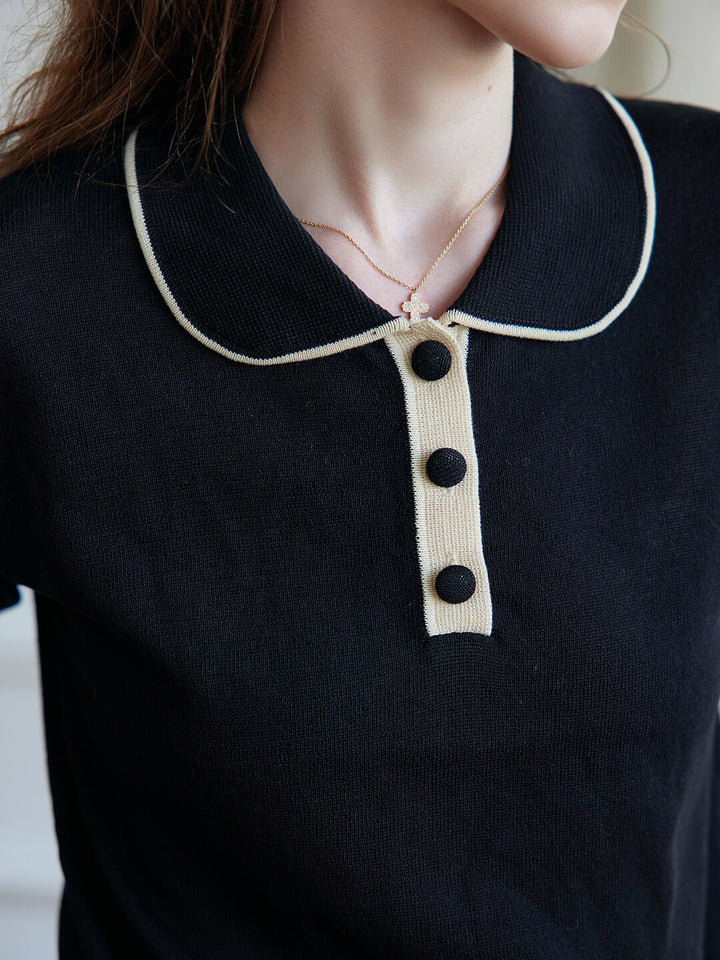 Alyssa Half Sleeve Knitted Black Polo Shirt/Simple Retro/11538
