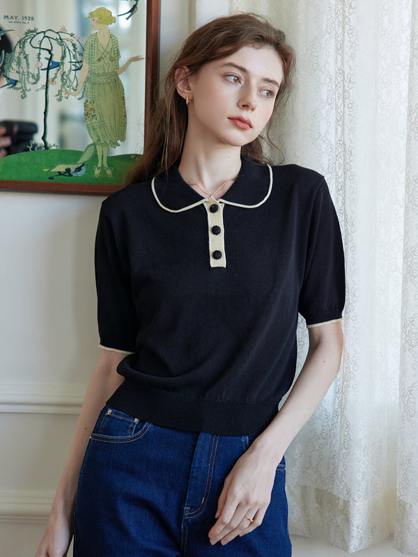 Alyssa Half Sleeve Knitted Black Polo Shirt/Simple Retro/11538