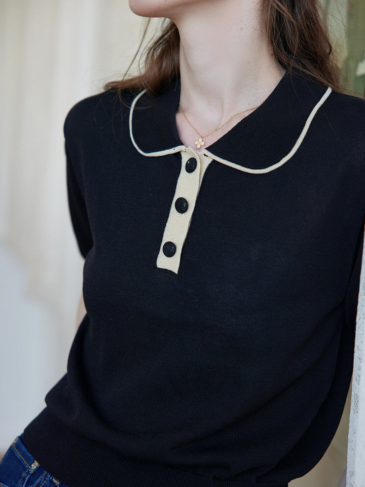 Alyssa Half Sleeve Knitted Black Polo Shirt/Simple Retro/11538