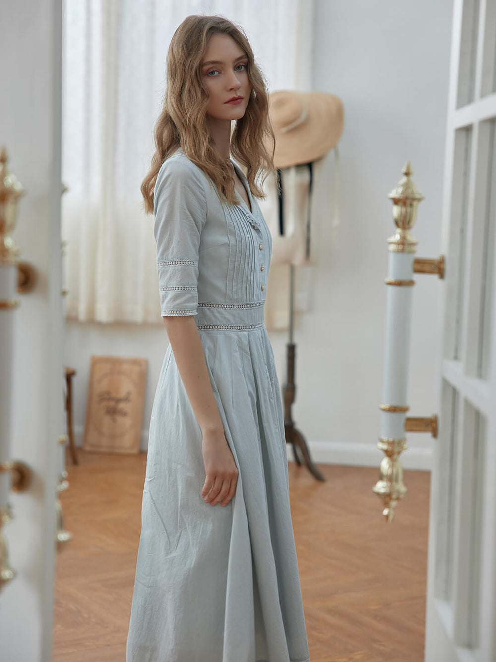 Ramona Blue Leaf Cotton Blend Dress