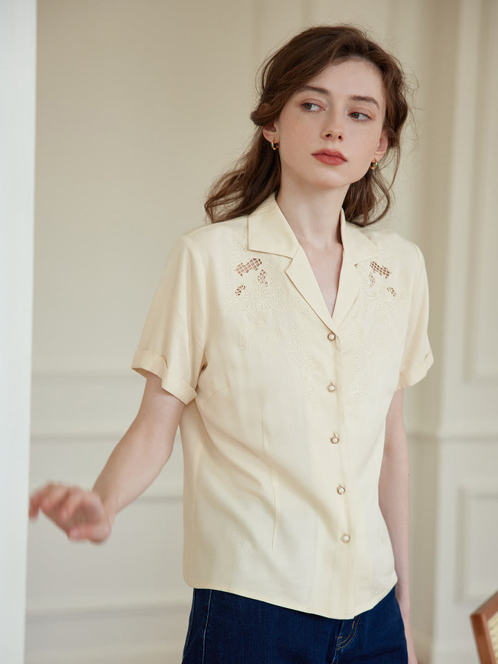 Elora V-neck Yellow Floral Embroidered Blouse/Simple Retro/66054