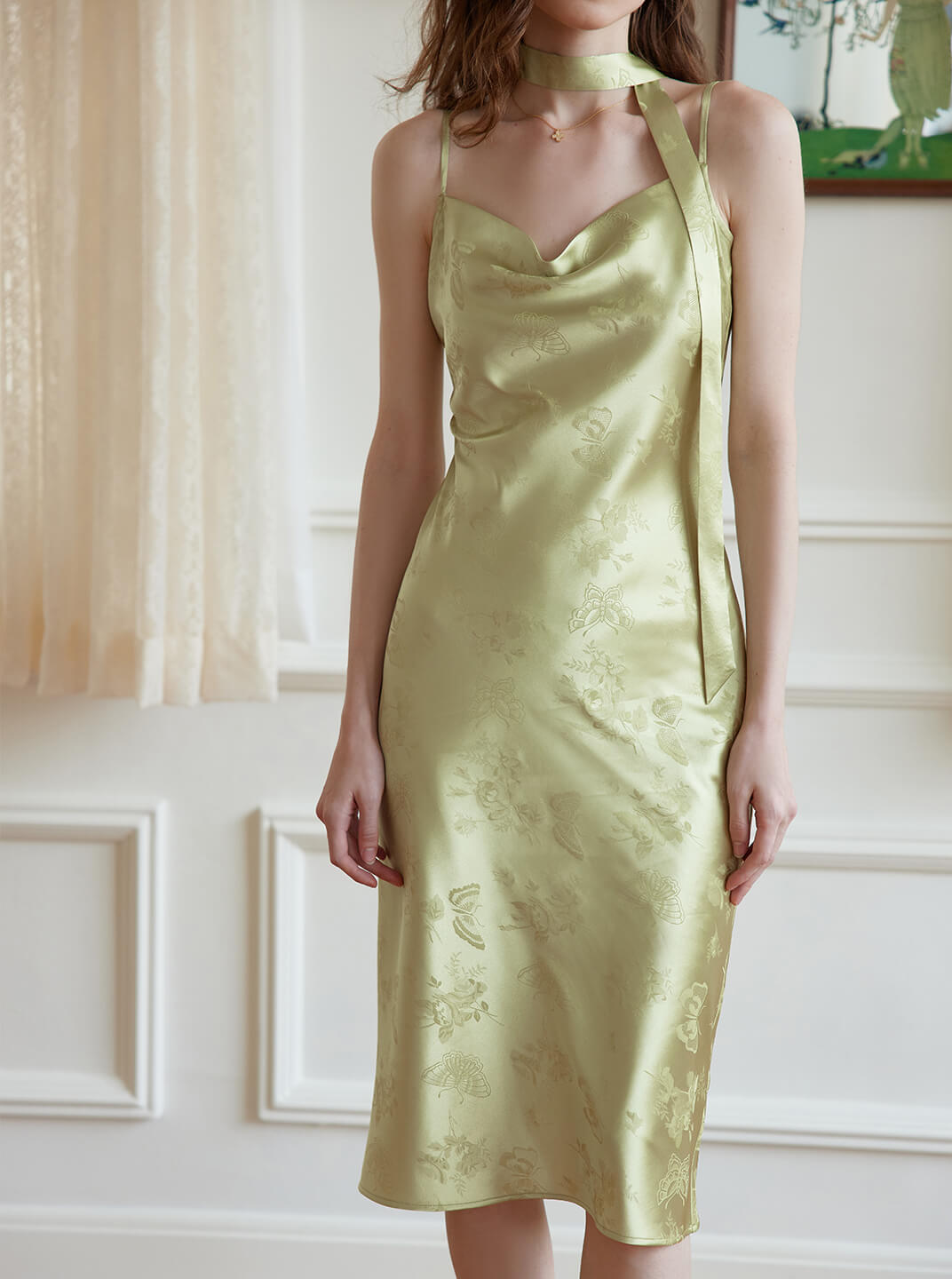 Etta Retro Floral Jacquard Green Slip Dress/Simple Retro/77047