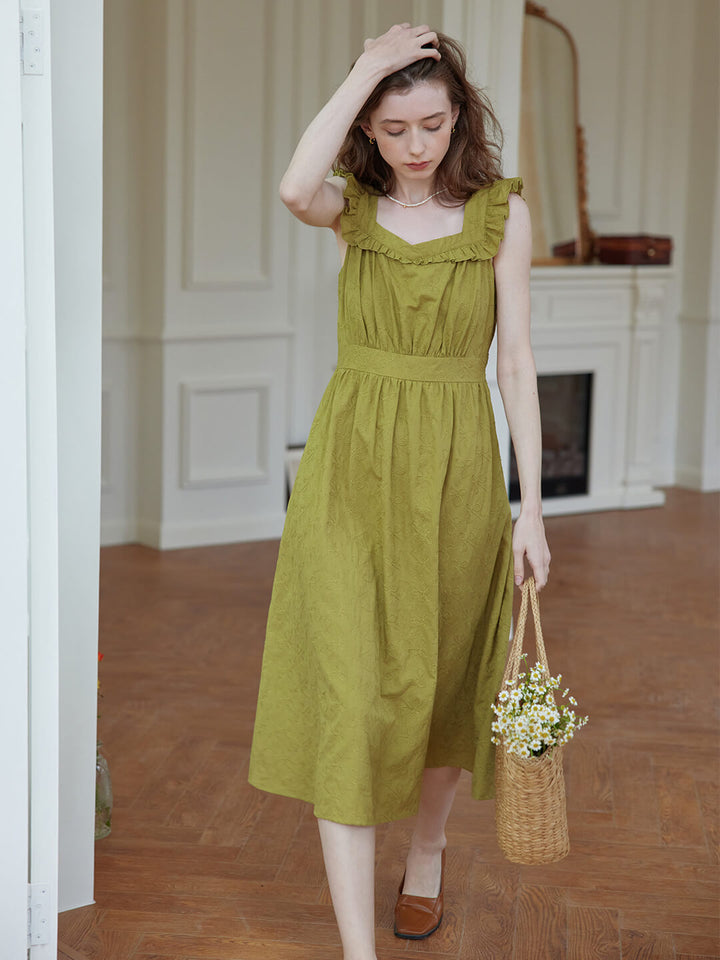 Amaris Embroidered Green Midi Slip Dress/Simple Retro/66055