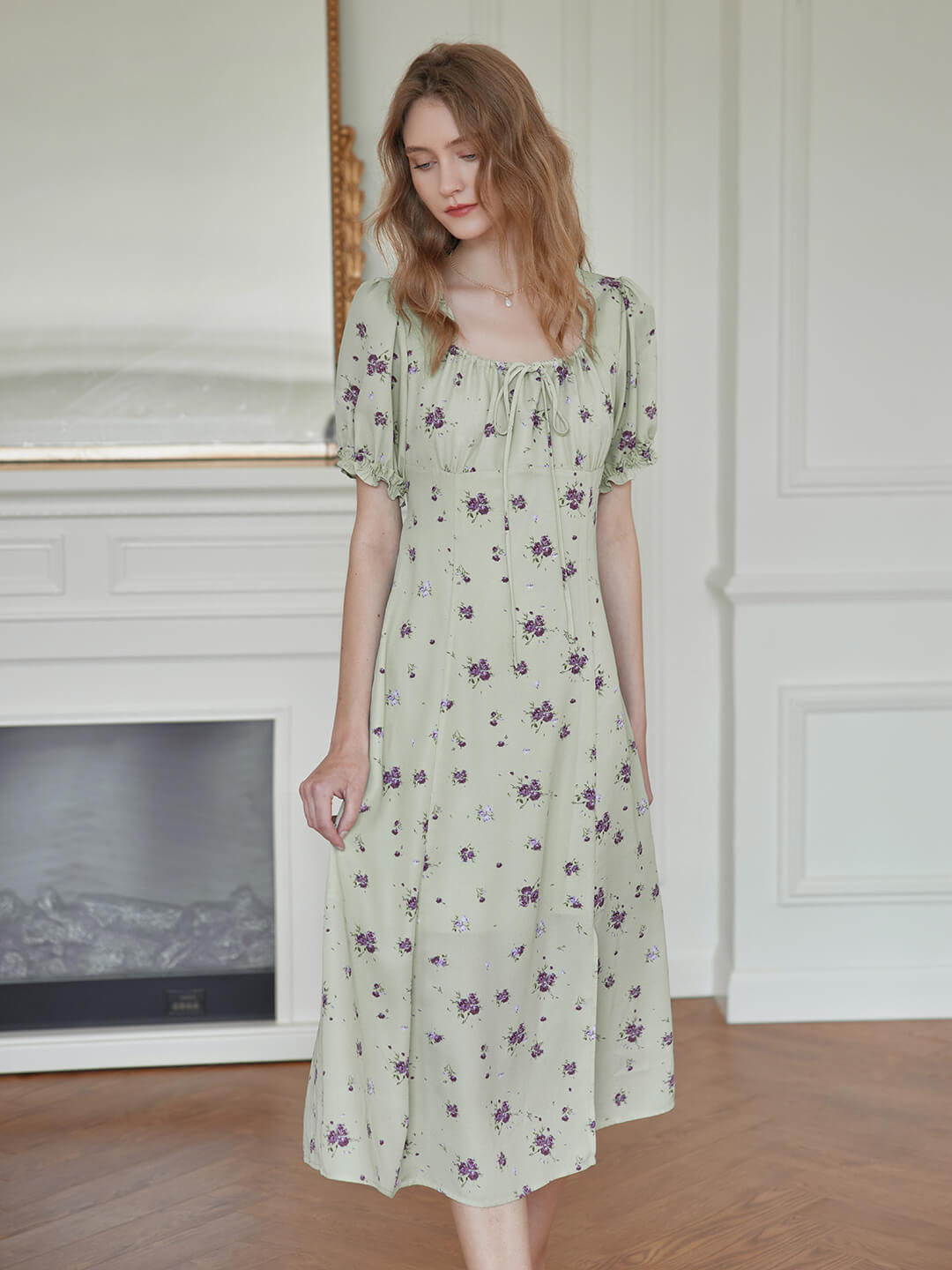 Magnolia Printed Floral Green Midi Dress – Simple Retro