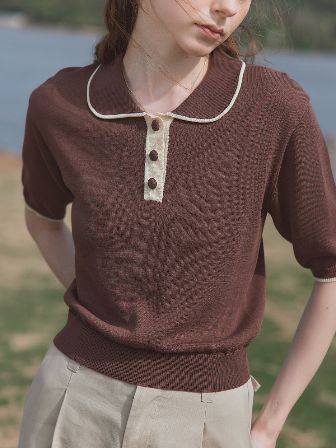 Alyssa Half Sleeve Knitted Polo Shirt/Simple Retro/11538