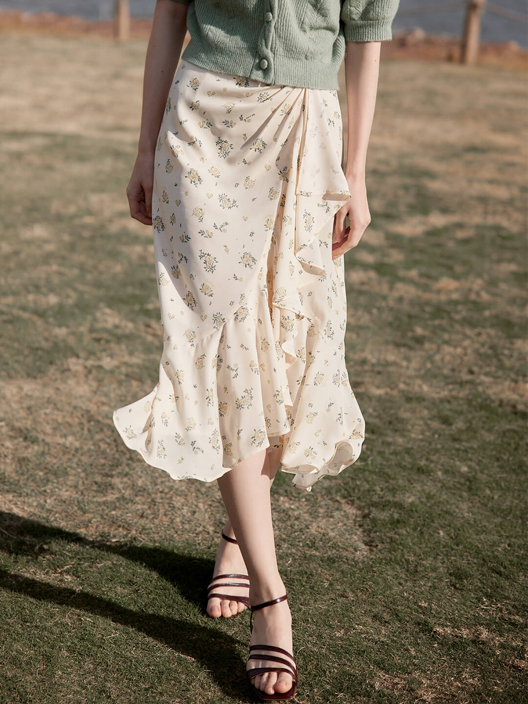 Iliana Ruffle Floral Printed Apricot Midi Skirt/Simple Retro/11319