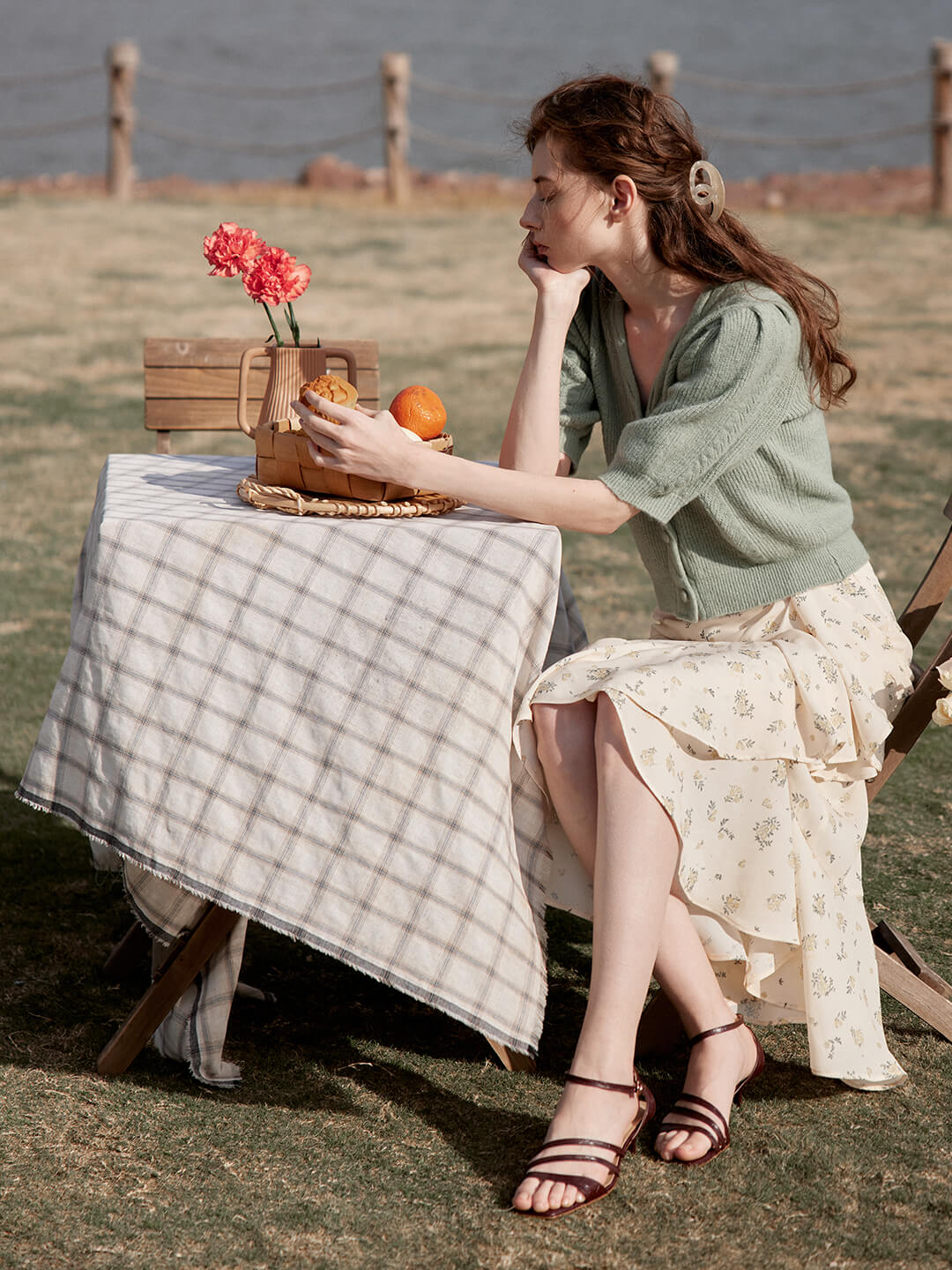 Iliana Ruffle Floral Printed Apricot Midi Skirt/Simple Retro/11319