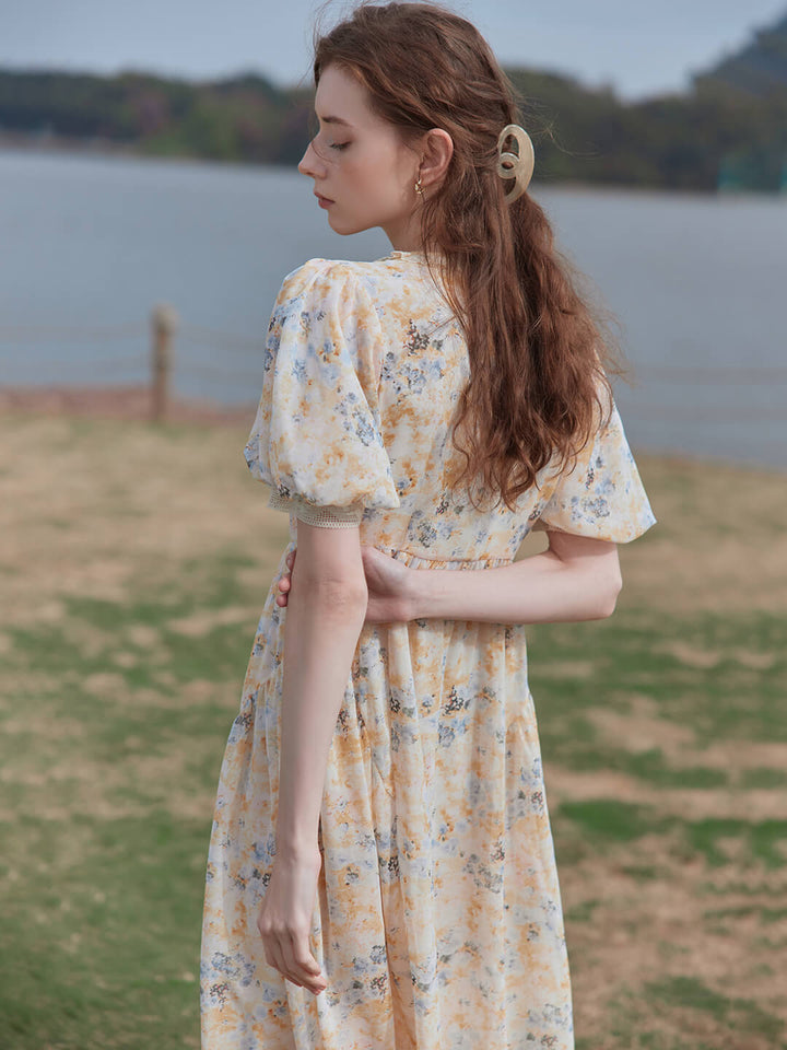 Lily Floral Printed Light Yellow Puff Sleeve Dress/Simple Retro/11330