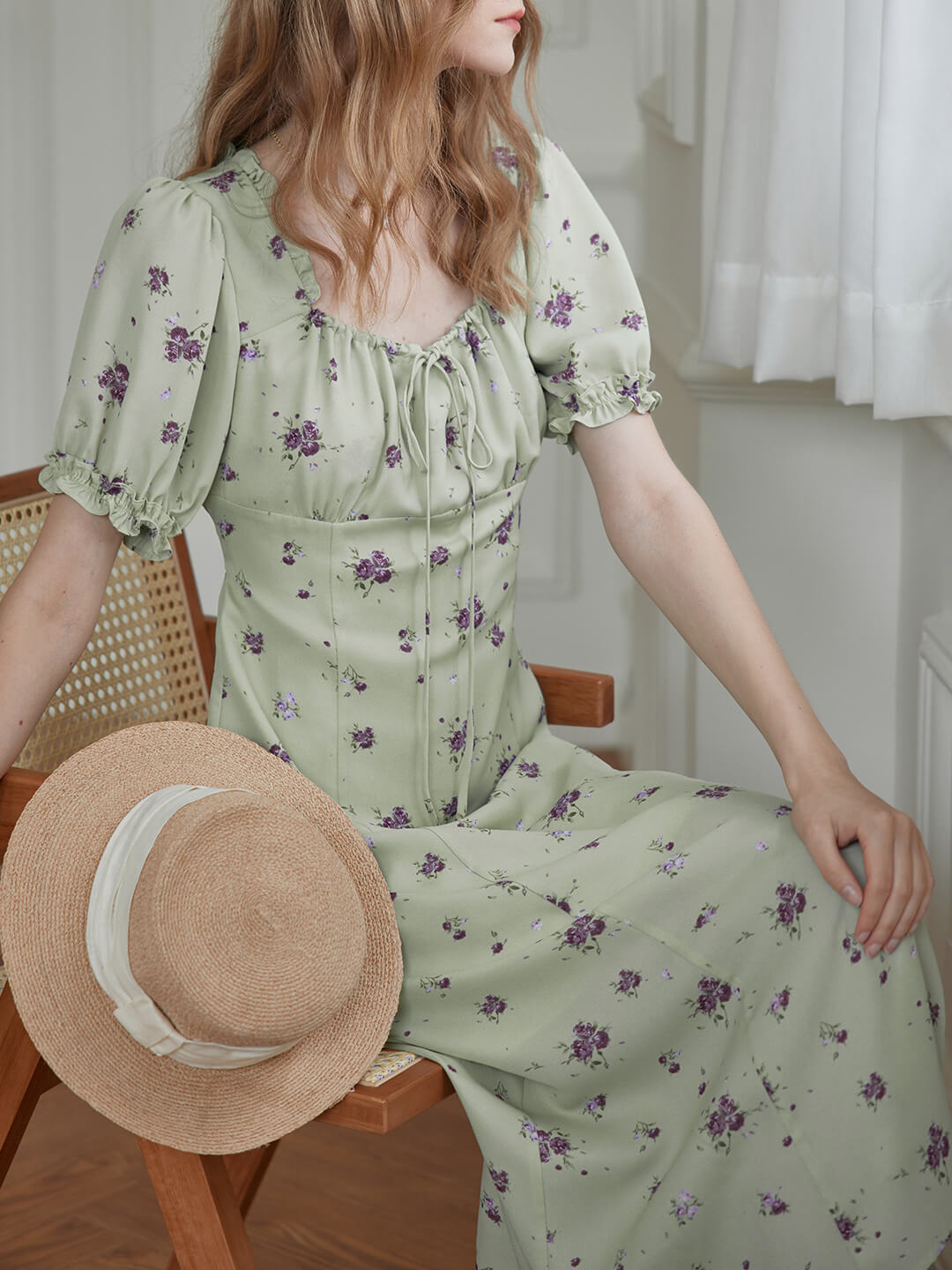 Magnolia Printed Floral Green Midi Dress/SIMPLE RETRO